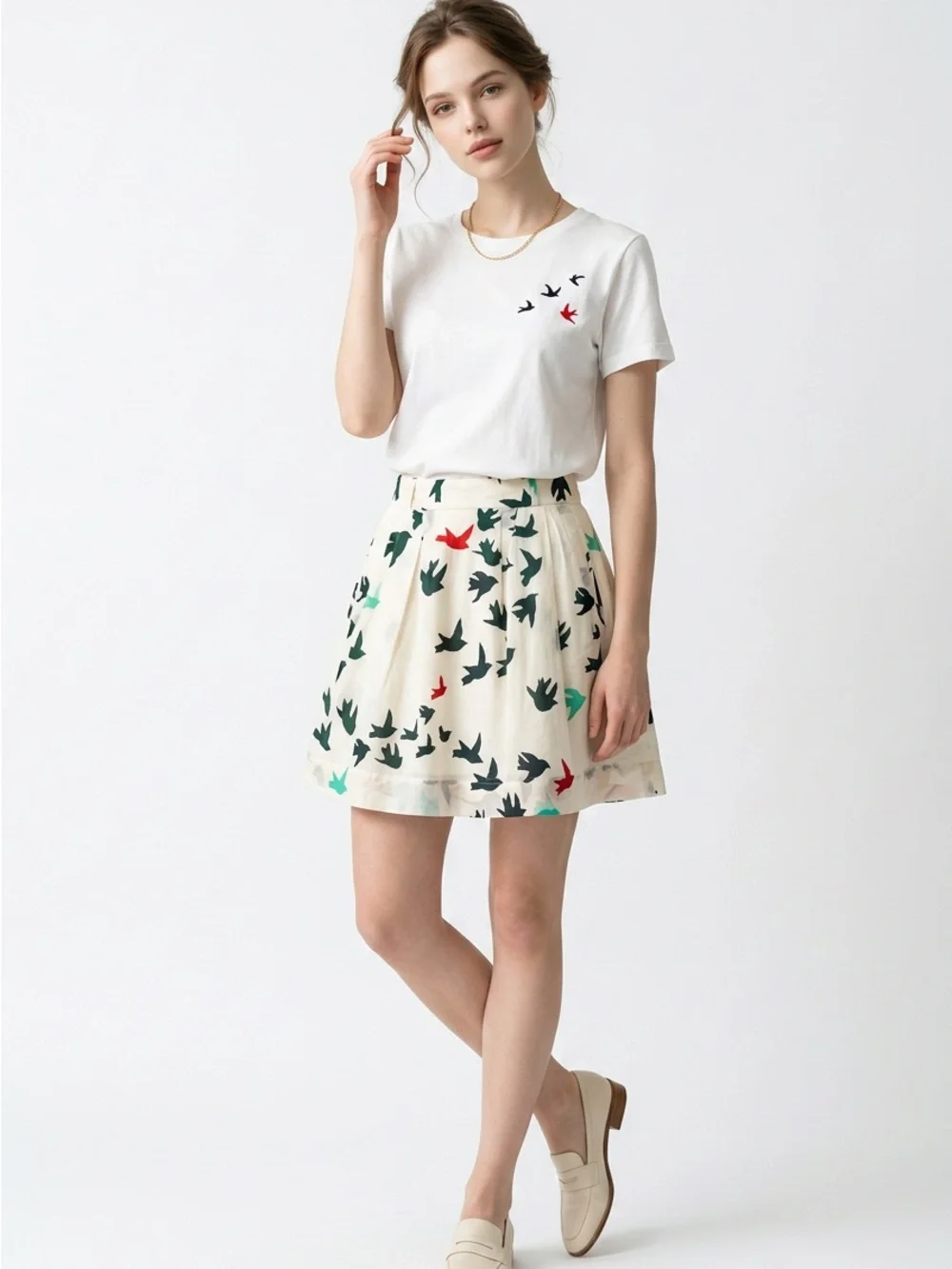 Modern Amusement Cream Circle Skirt with Bird Print